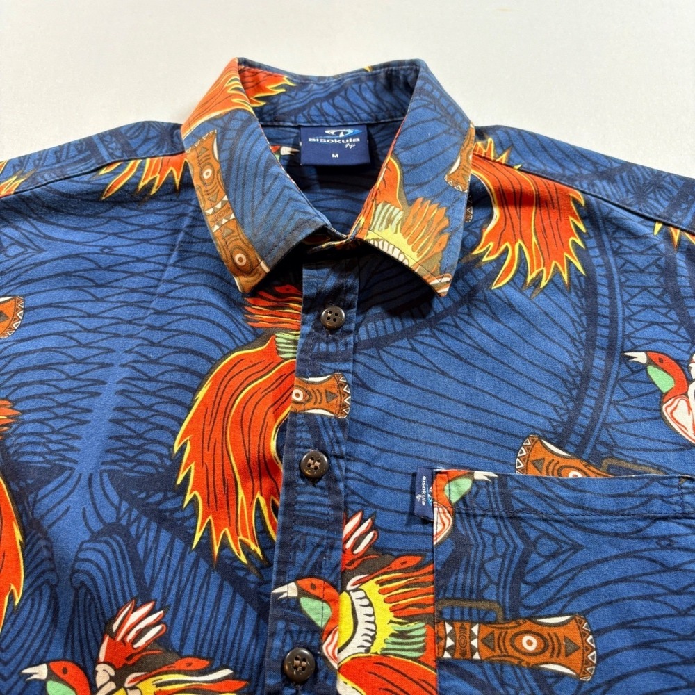 Aisokula Fiji Button Down Shirt Mens Medium Blue Tropical Bird Cotton Aloha